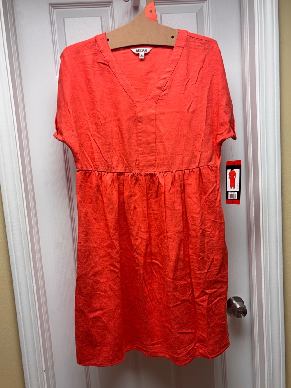 Briggs Women’s Coral Pink Linen Blend V-Neck Midi Dress NWT Size Medium